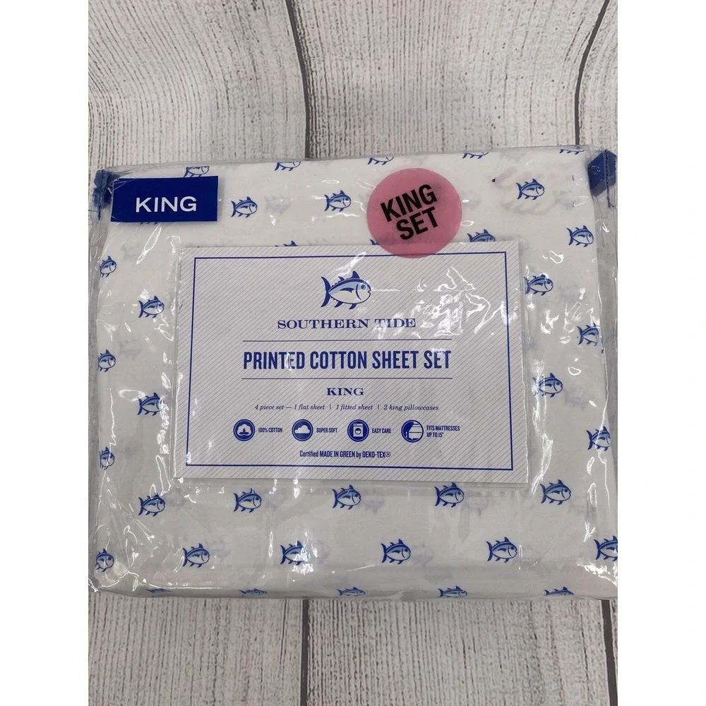 Southern Tide Skipjack Sheet Set King White Blue 100% Cotton Percale Coastal